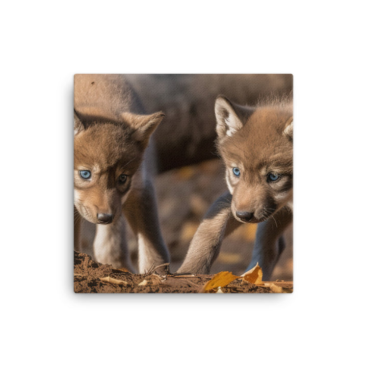 Gray Wolf Pups at Play canvas - Posterfy.AI