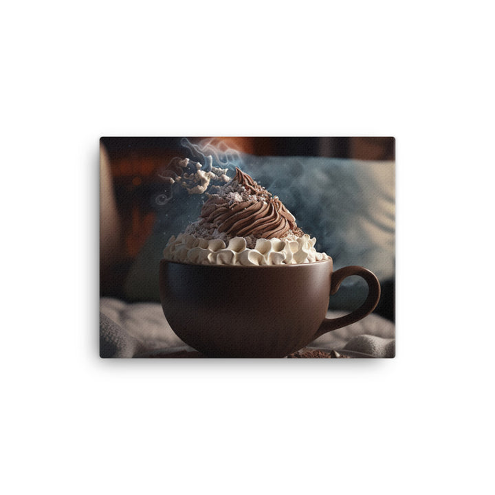 A steaming cup of hot cocoa with a generous pile of whipped cream canvas - Posterfy.AI