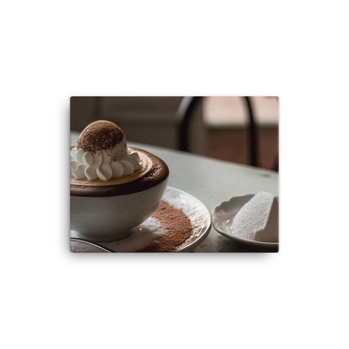 A frothy cappuccino, with a heart shaped foam design and a dusting of cocoa powder canvas - Posterfy.AI