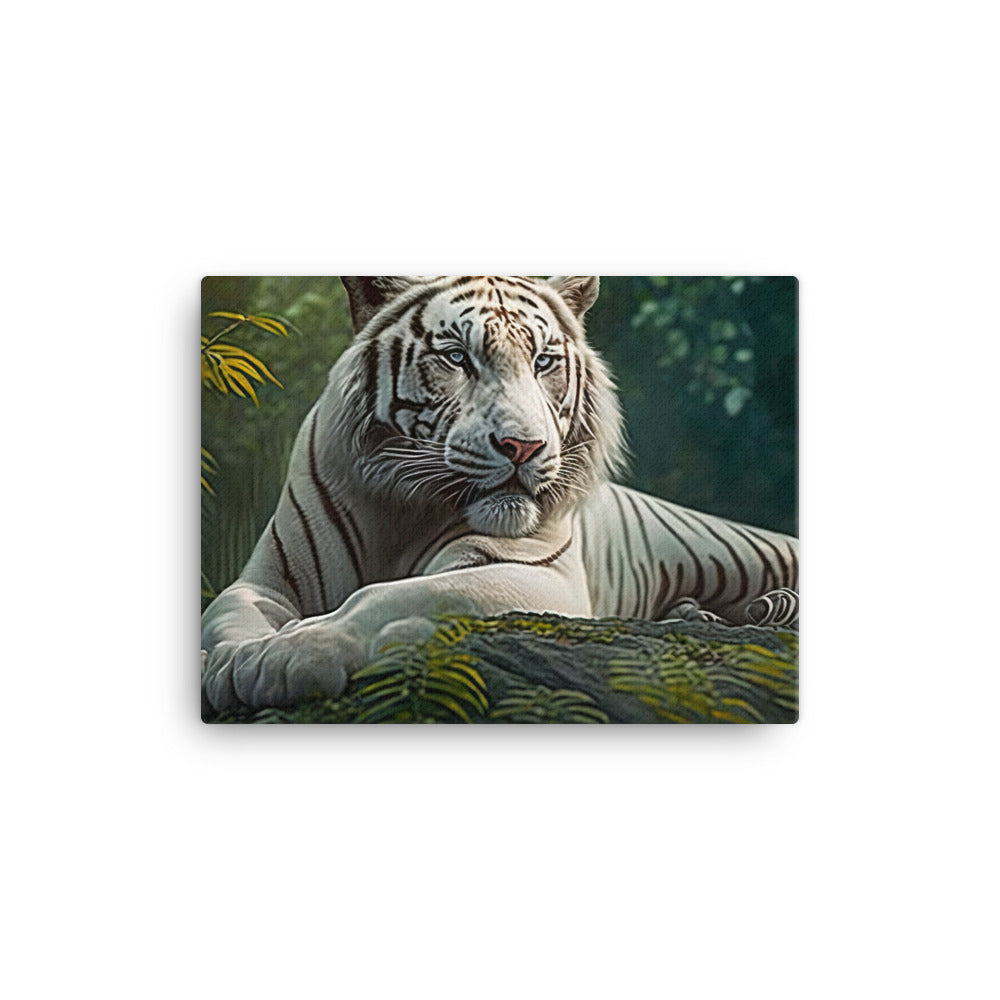 A majestic white tiger resting in a forest canvas - Posterfy.AI