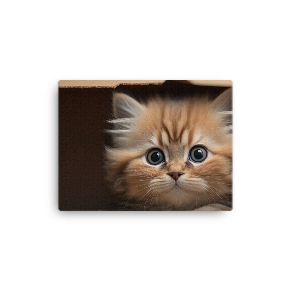 A fluffy kitten peering curiously out of a small cardboard box canvas - Posterfy.AI