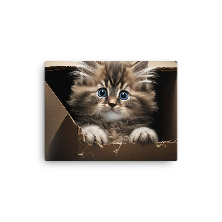 A fluffy kitten peering curiously out of a small cardboard box canvas - Posterfy.AI