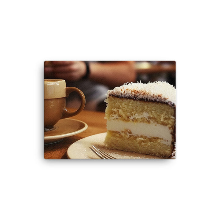 Coconut-covered cake paired with the smooth coffee canvas - Posterfy.AI