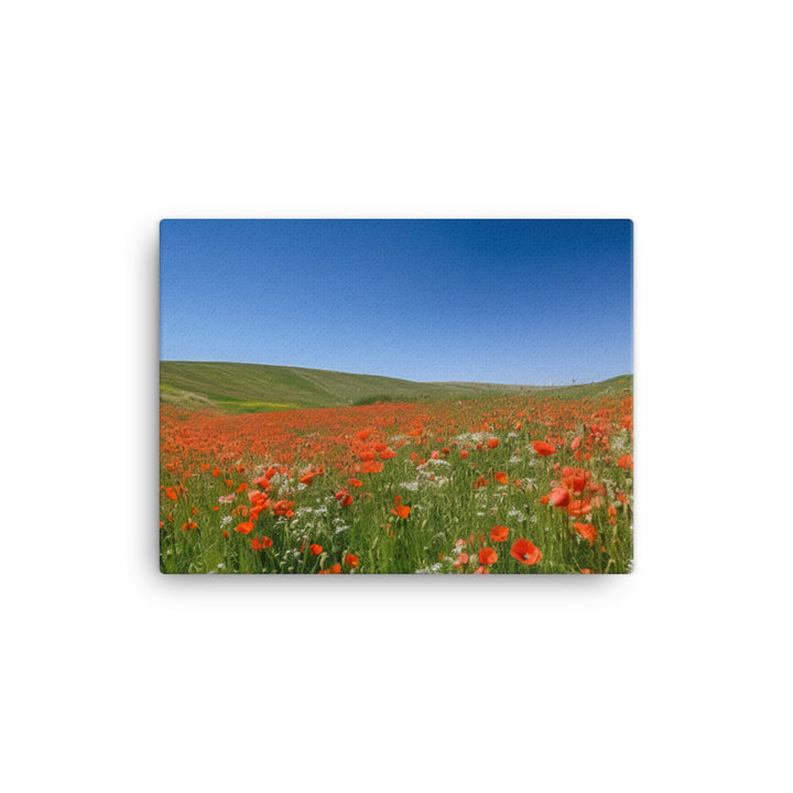 Vibrant Poppy blooms against a blue sky canvas - Posterfy.AI