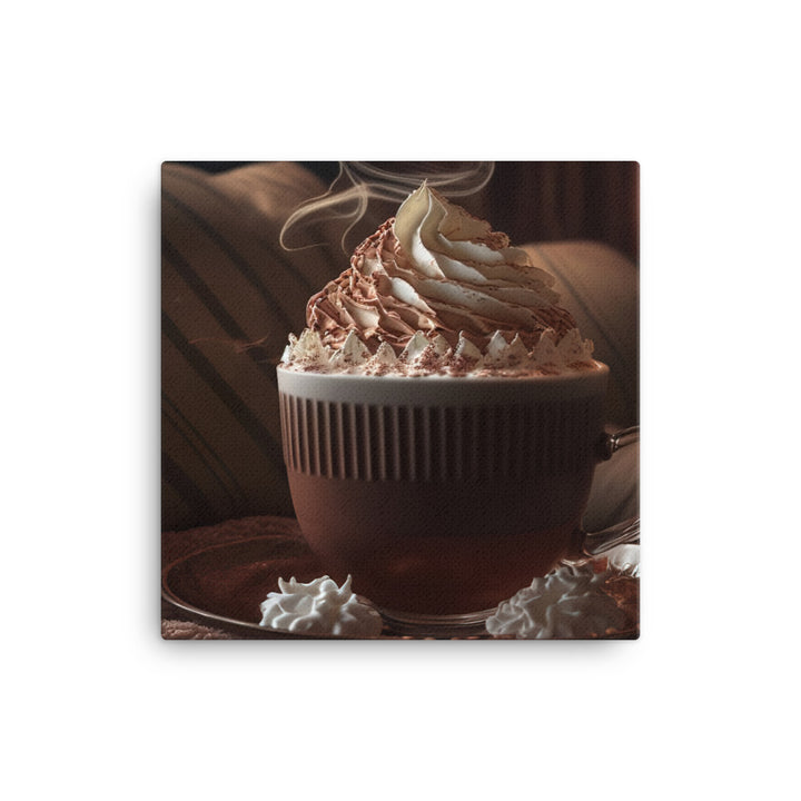 A steaming cup of hot cocoa with a generous pile of whipped cream canvas - Posterfy.AI