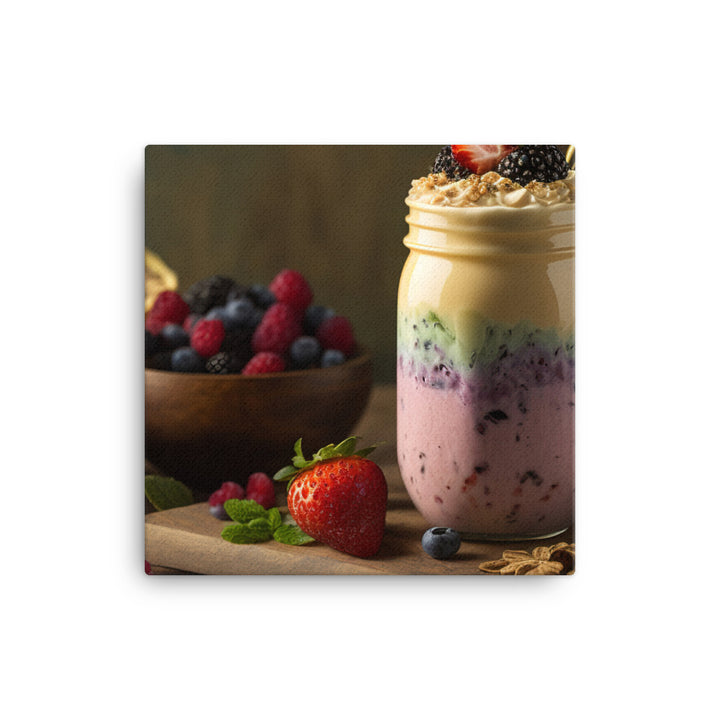 A colorful smoothie with layers of blended fruit and yogurt canvas - Posterfy.AI