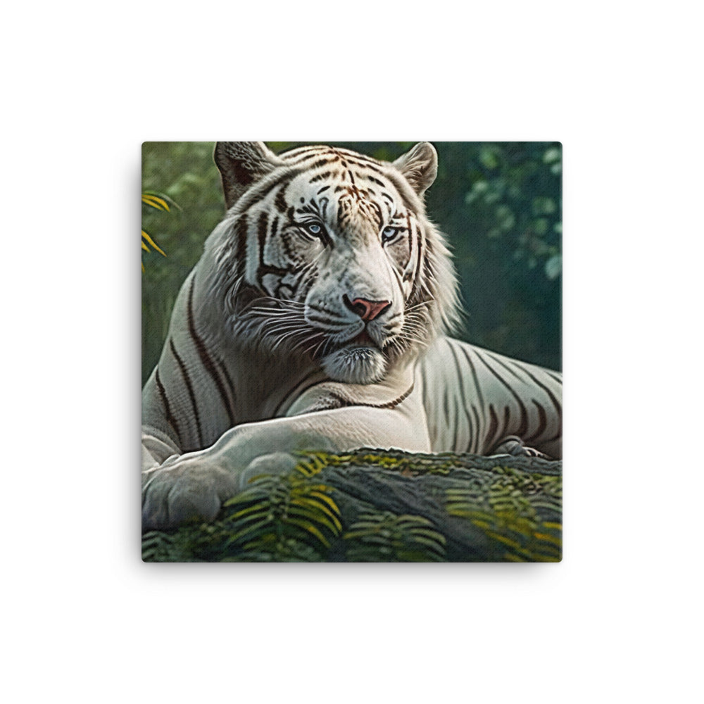A majestic white tiger resting in a forest canvas - Posterfy.AI