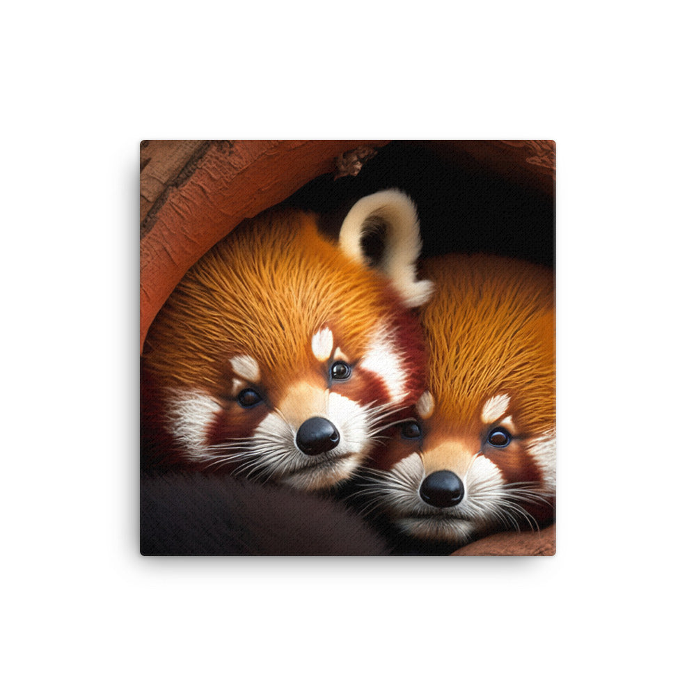 A pair of cute red pandas snuggled up together in a tree hollow canvas - Posterfy.AI