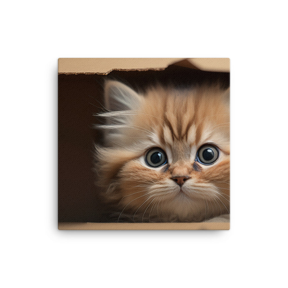 A fluffy kitten peering curiously out of a small cardboard box canvas - Posterfy.AI