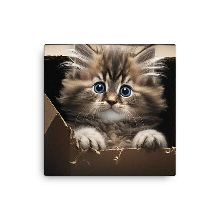 A fluffy kitten peering curiously out of a small cardboard box canvas - Posterfy.AI