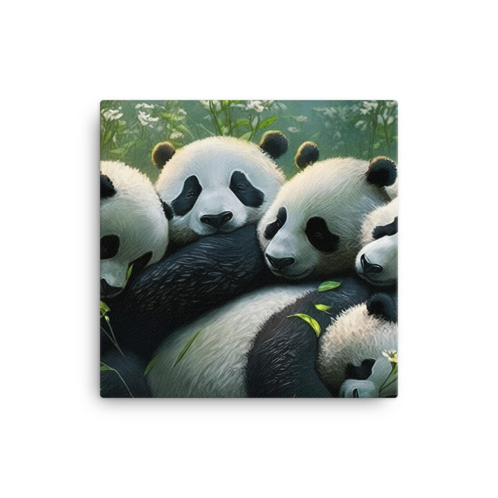 A group of panda bears cuddling together in a peaceful meadow canvas - Posterfy.AI