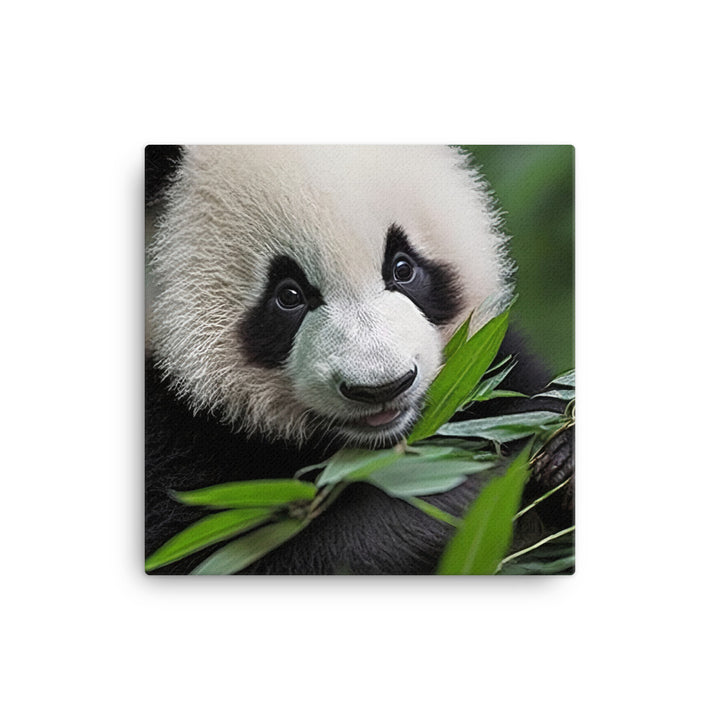 A cute panda bear enjoying a feast of bamboo leaves canvas - Posterfy.AI