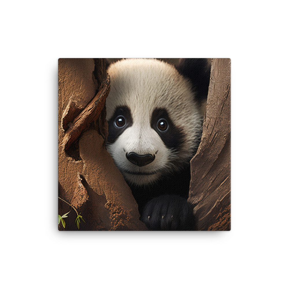 A curious panda bear peeking out from behind a tree trunk canvas - Posterfy.AI