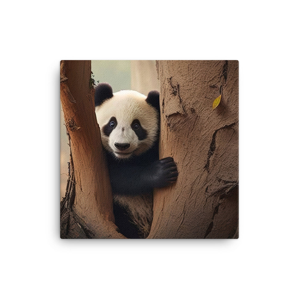 A curious panda bear peeking out from behind a tree trunk canvas - Posterfy.AI