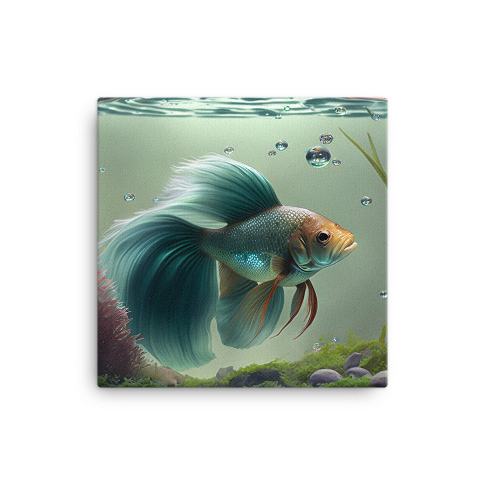 A solitary betta fish in a beautifully decorated aquarium bowl canvas - Posterfy.AI