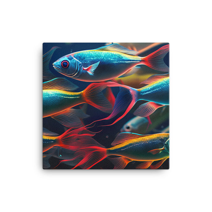 Neon tetras swimming in a brightly lit aquarium canvas - Posterfy.AI