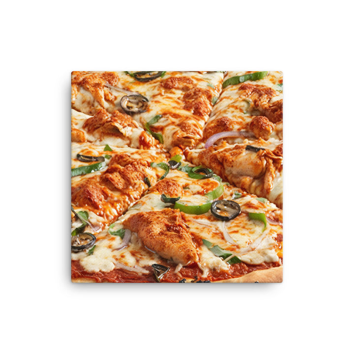 A spicy chicken pizza with chunks of tender chicken canvas - Posterfy.AI