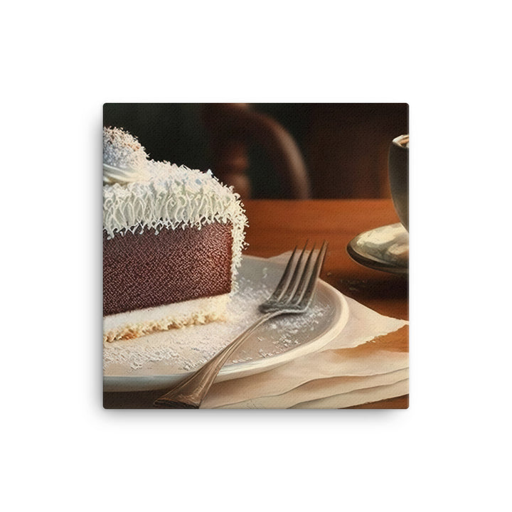 Coconut-covered cake paired with the smooth coffee canvas - Posterfy.AI