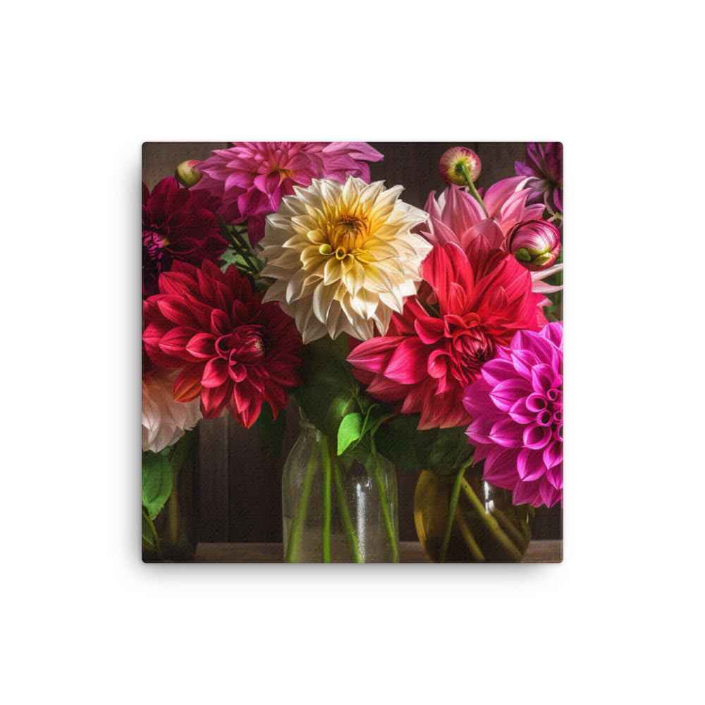 Dahlia Bouquet on a Wooden Table canvas - Posterfy.AI