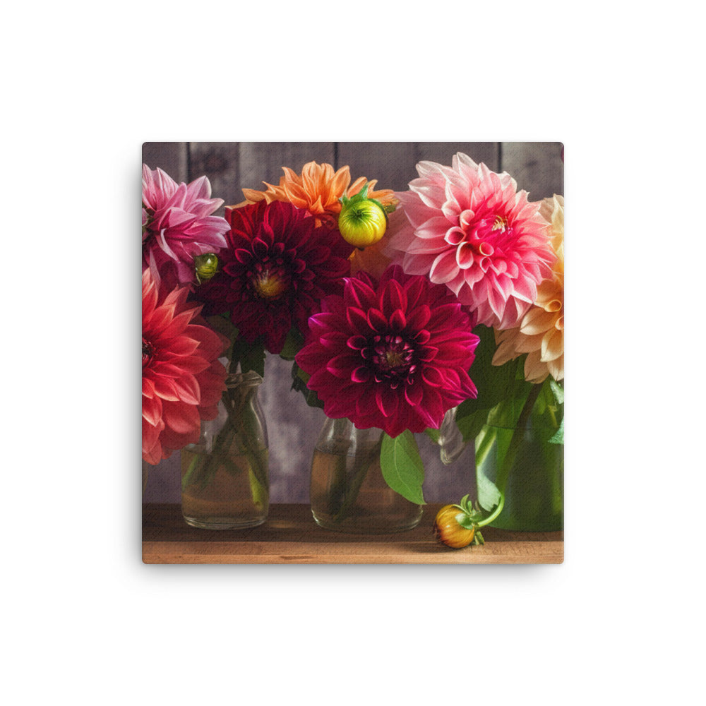 Dahlia Bouquet on a Wooden Table canvas - Posterfy.AI