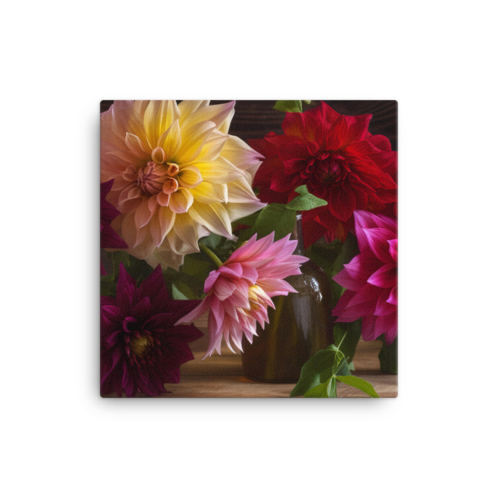 Dahlia Bouquet on a Wooden Table canvas - Posterfy.AI