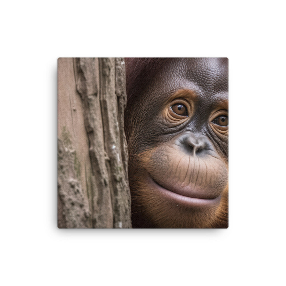 Inquisitive Orangutan Peeking from Behind Tree canvas - Posterfy.AI