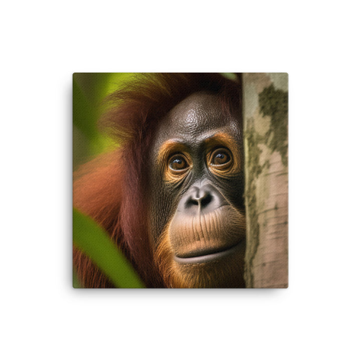 Inquisitive Orangutan Peeking from Behind Tree canvas - Posterfy.AI