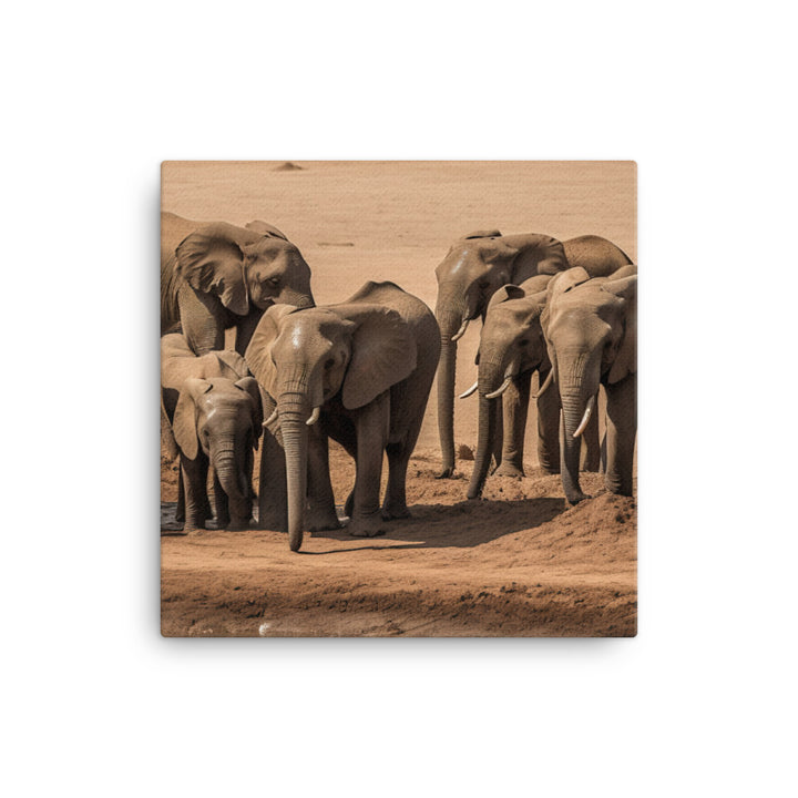 African Elephants at the Watering Hole canvas - Posterfy.AI