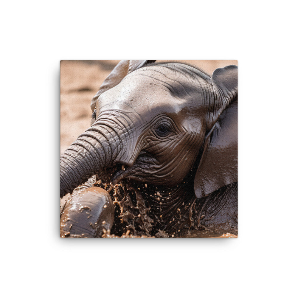 Adorable Baby Elephant Taking a Mud Bath canvas - Posterfy.AI