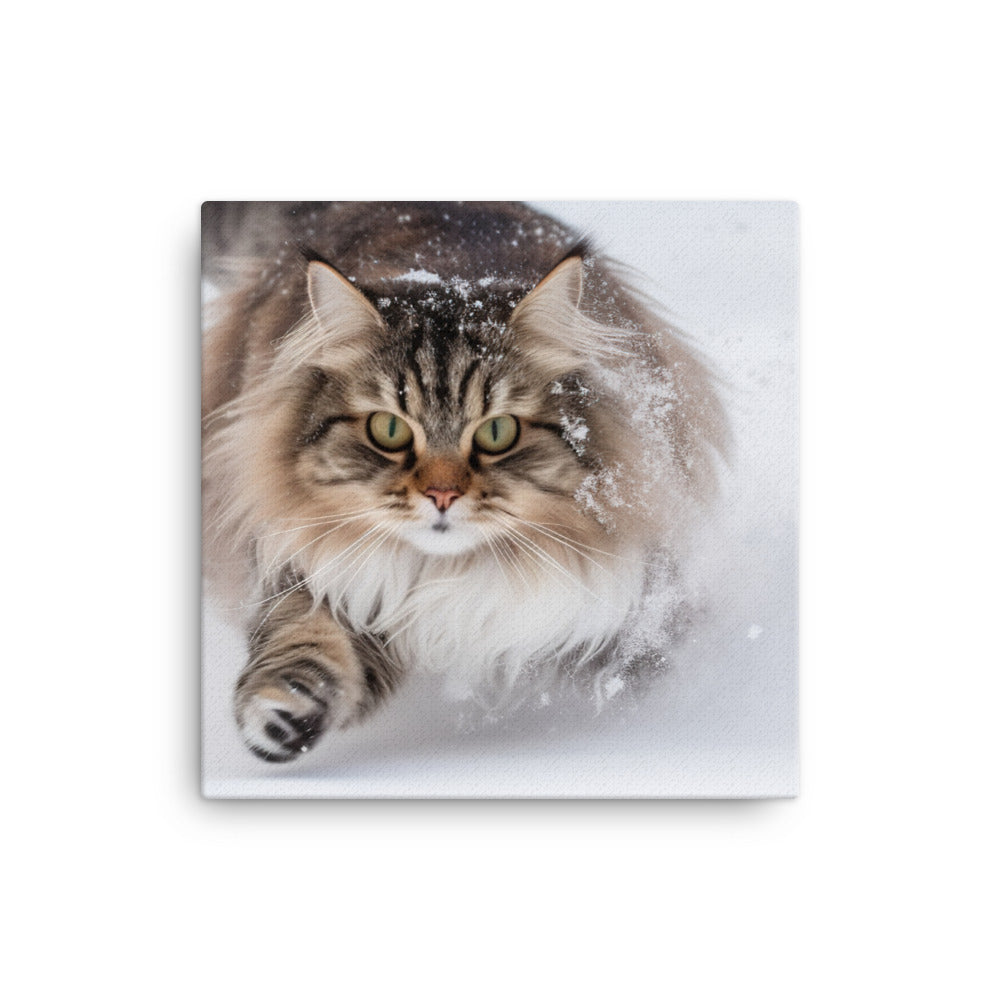 Norwegian Forest Cat Playing in the Snow canvas - Posterfy.AI