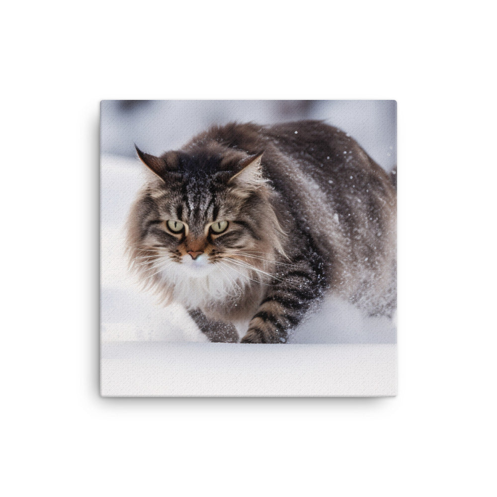 Norwegian Forest Cat Playing in the Snow canvas - Posterfy.AI