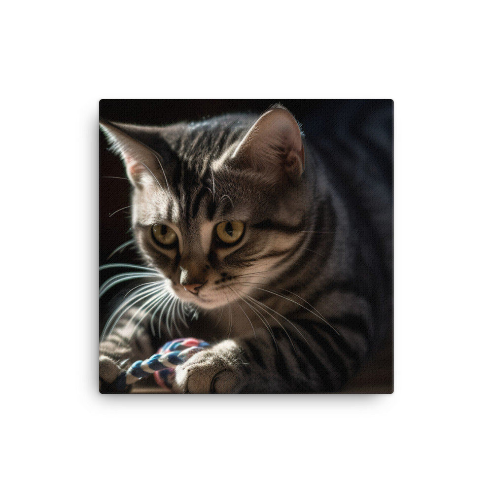 Adorable American Shorthair playing with toy mouse canvas - Posterfy.AI