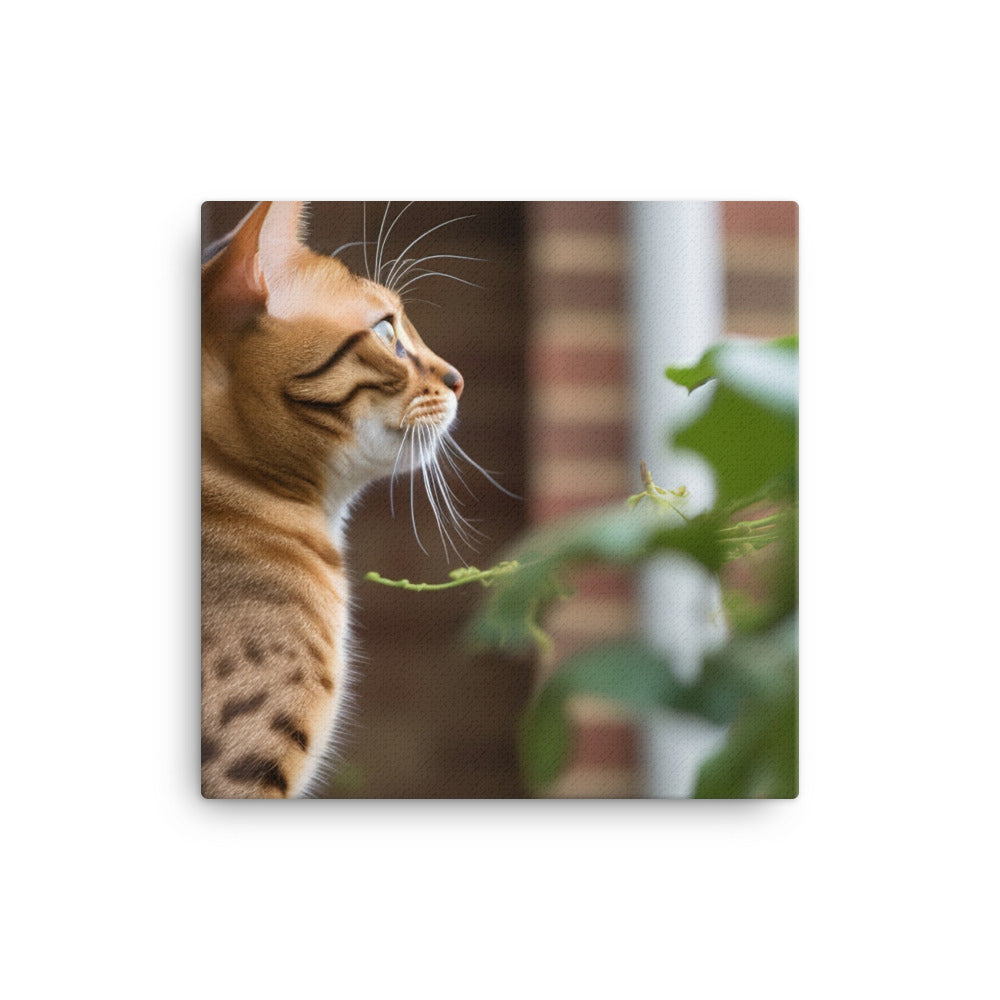 Curious Bengal Cat Watching Bird Outside canvas - Posterfy.AI