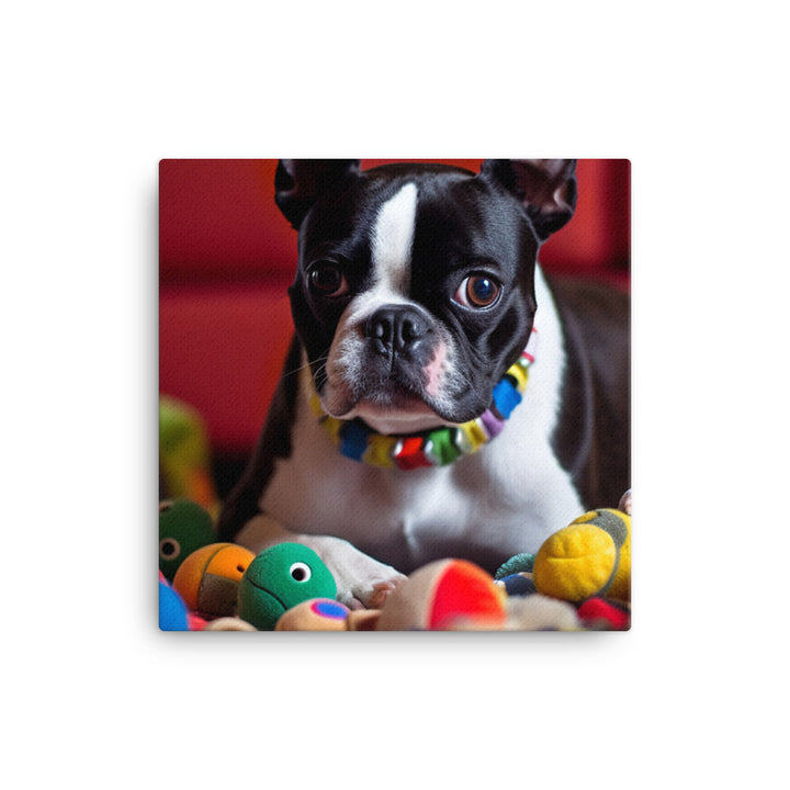 Happy Boston Terrier with Toys canvas - Posterfy.AI