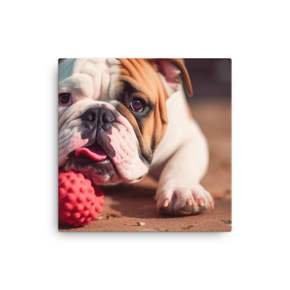 Silly Bulldog: Playful Pup with a Toy canvas - Posterfy.AI