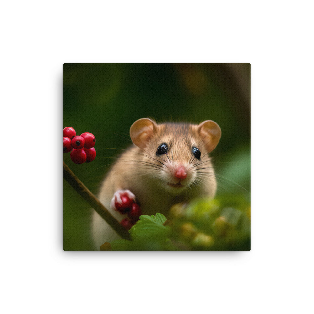 Energetic Dormouse playing on a branch canvas - Posterfy.AI