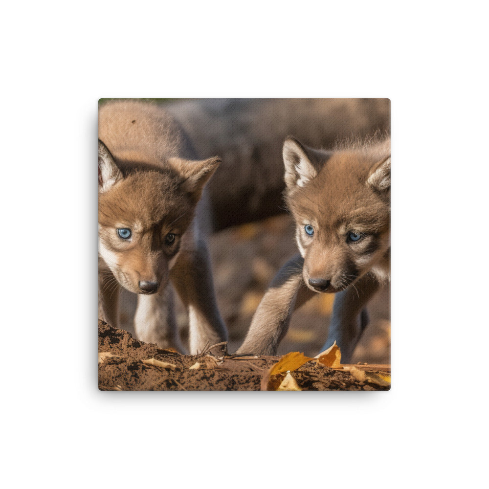 Gray Wolf Pups at Play canvas - Posterfy.AI