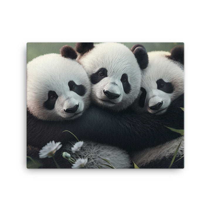 A group of panda bears cuddling together in a peaceful meadow canvas - Posterfy.AI
