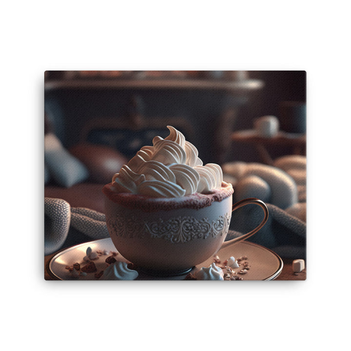 A steaming cup of hot cocoa with a generous pile of whipped cream canvas - Posterfy.AI