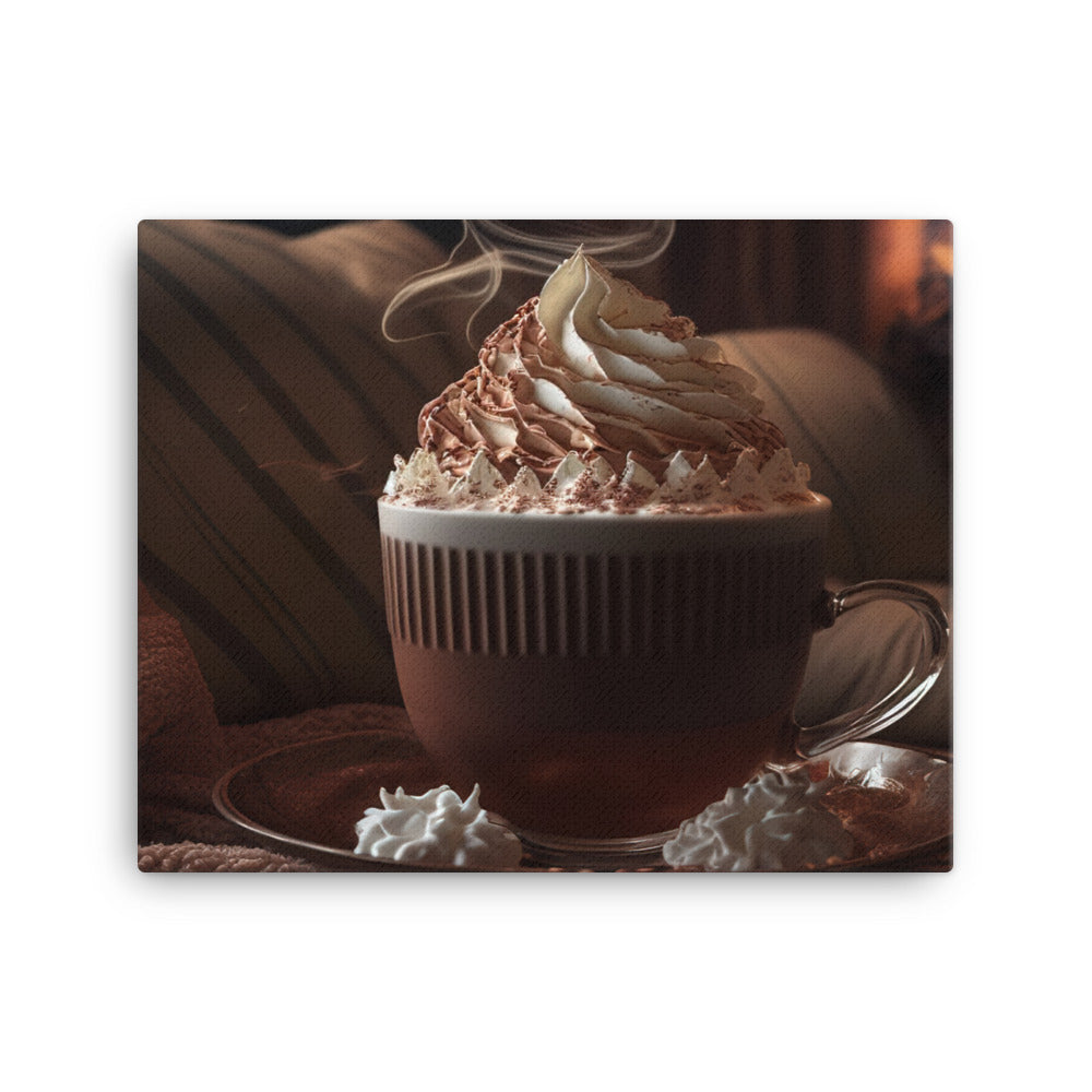 A steaming cup of hot cocoa with a generous pile of whipped cream canvas - Posterfy.AI