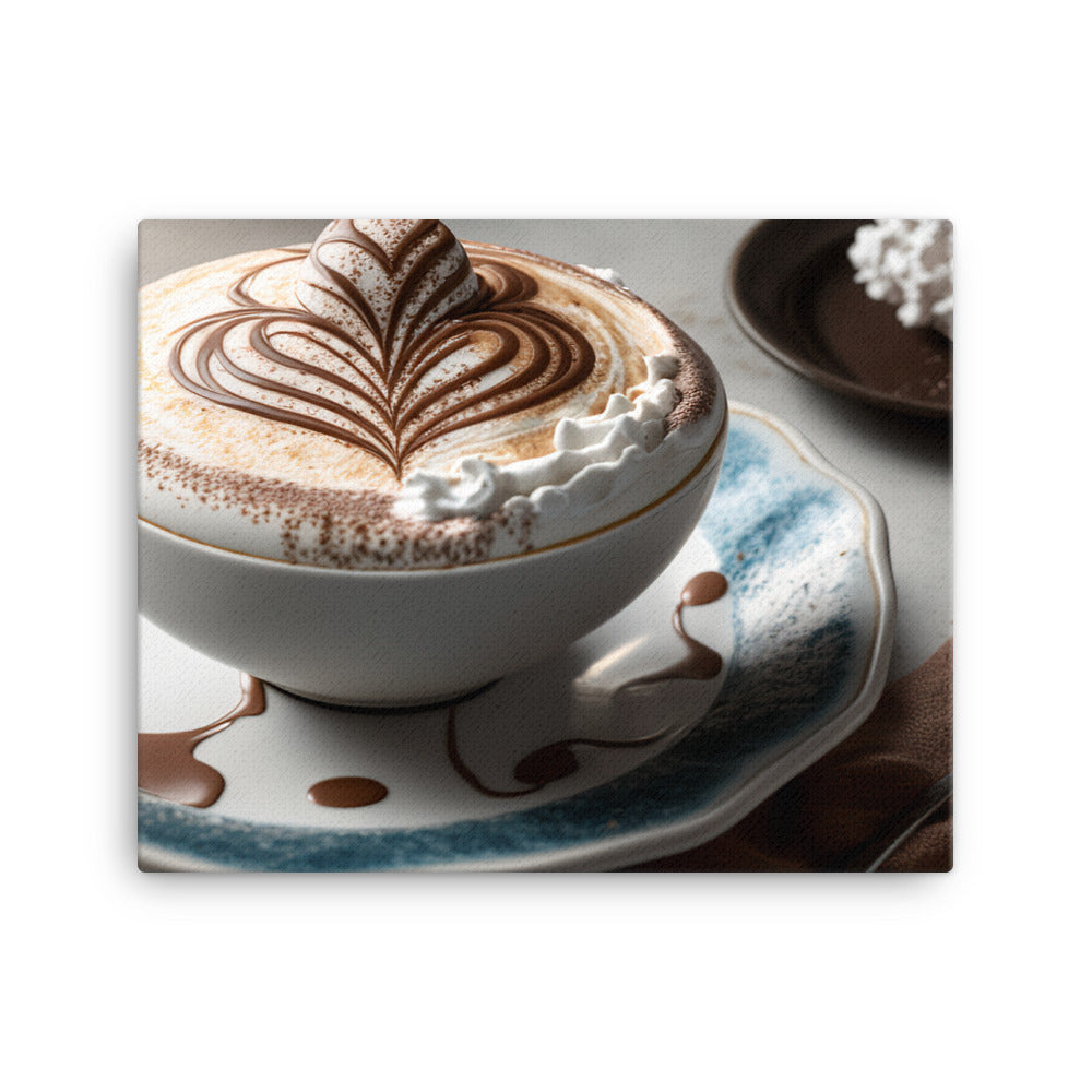 A frothy cappuccino, with a heart shaped foam design and a dusting of cocoa powder canvas - Posterfy.AI