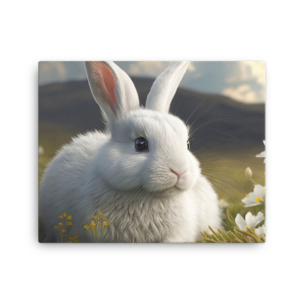 A fluffy white bunny in a field of flowers canvas - Posterfy.AI