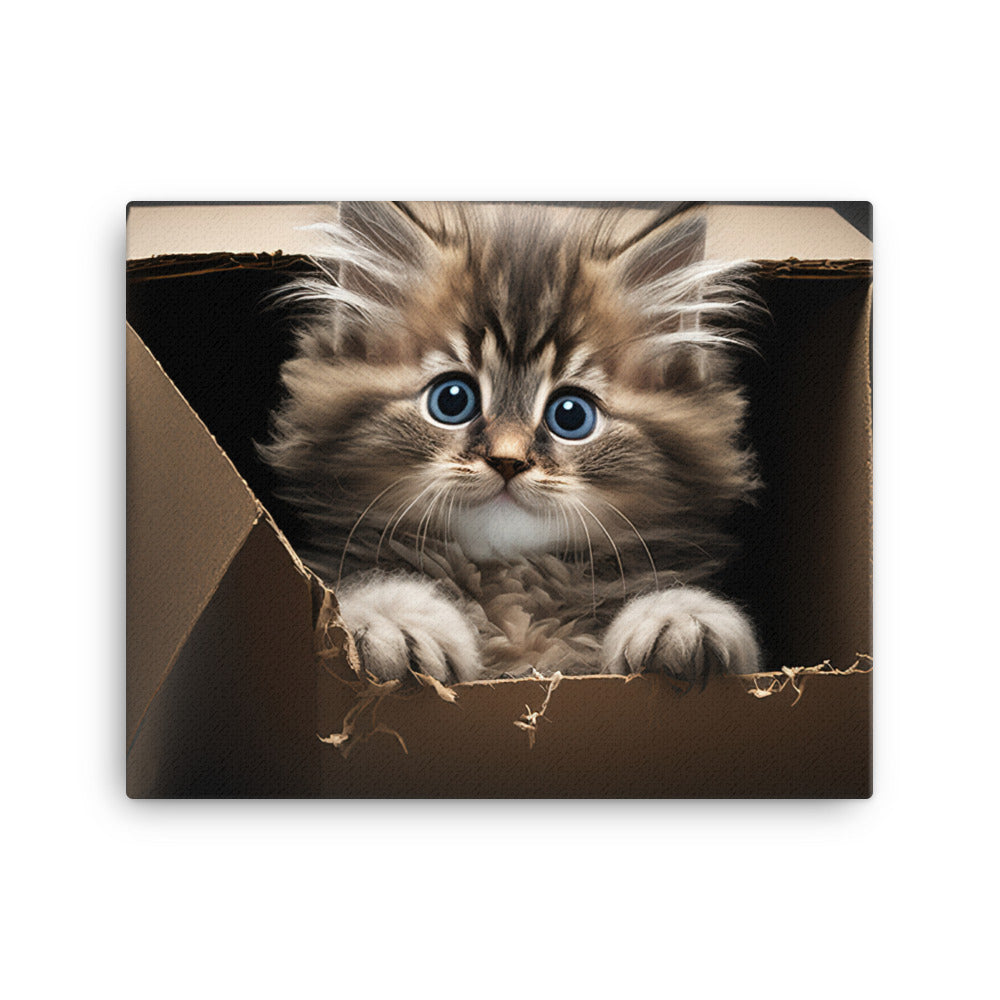 A fluffy kitten peering curiously out of a small cardboard box canvas - Posterfy.AI