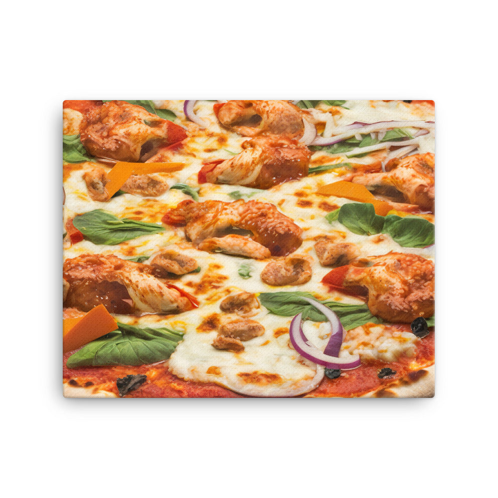 A spicy chicken pizza with chunks of tender chicken canvas - Posterfy.AI