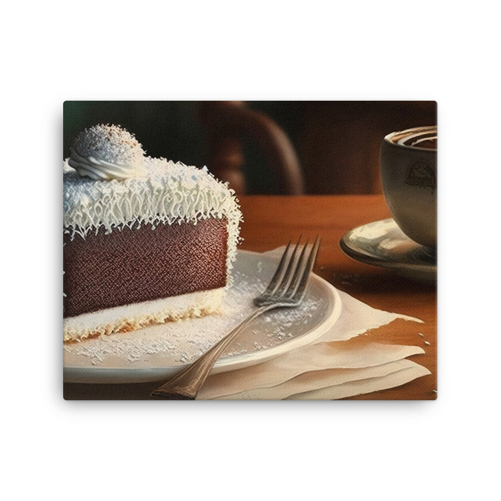 Coconut-covered cake paired with the smooth coffee canvas - Posterfy.AI