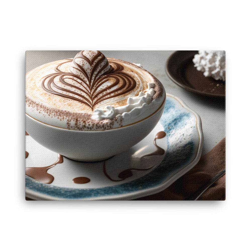 A frothy cappuccino, with a heart shaped foam design and a dusting of cocoa powder canvas - Posterfy.AI