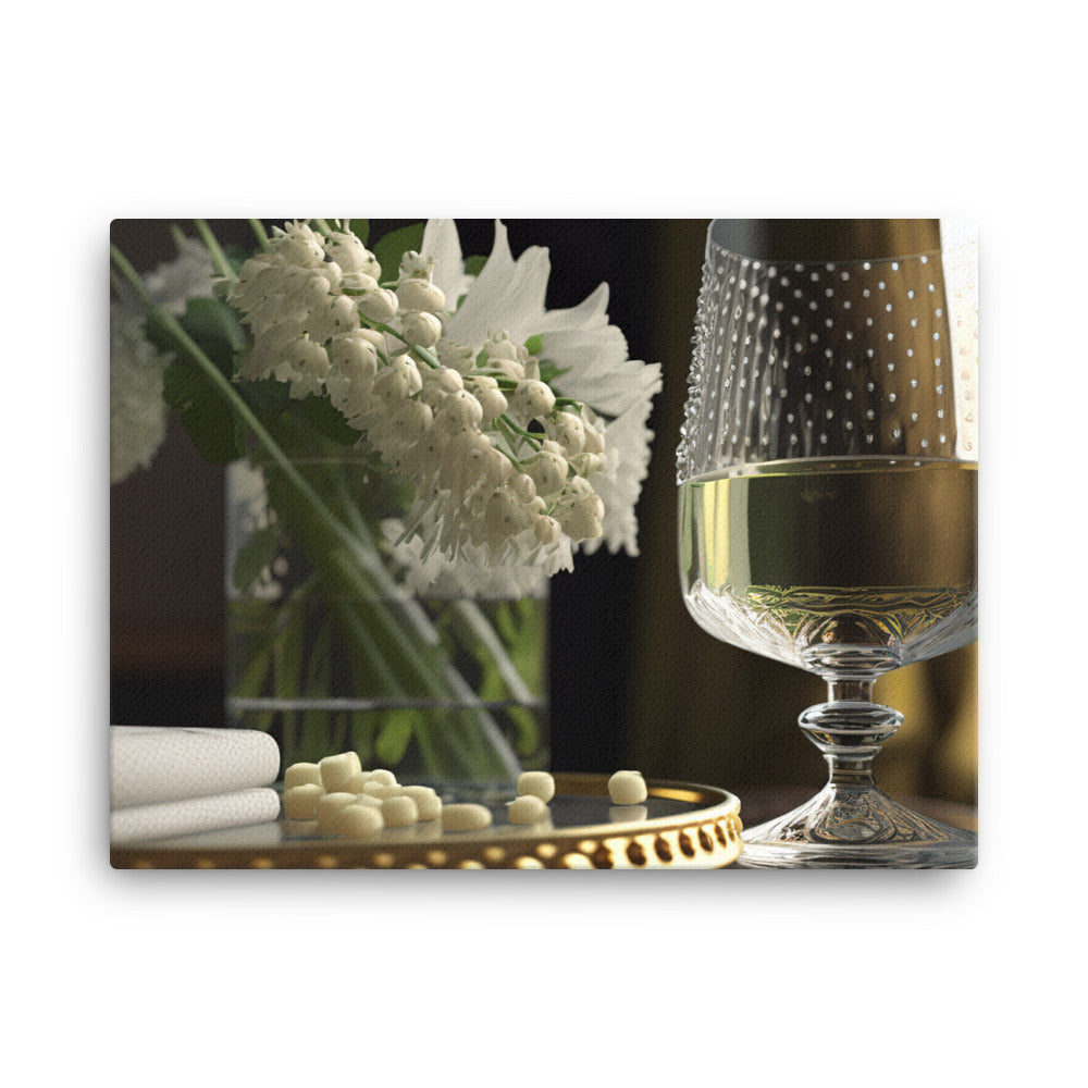 A chilled glass of white wine with beads of condensation on the outside canvas - Posterfy.AI