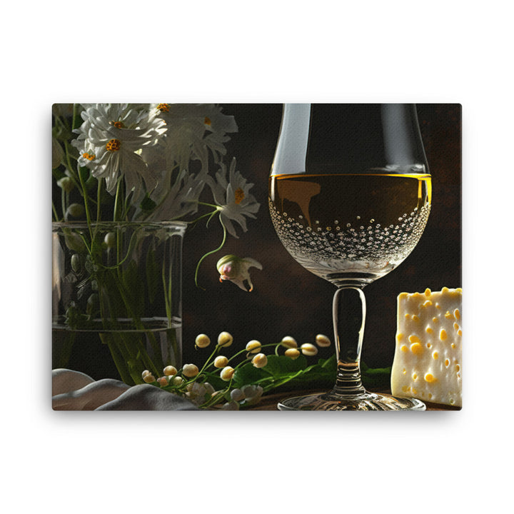 A chilled glass of white wine with beads of condensation on the outside canvas - Posterfy.AI
