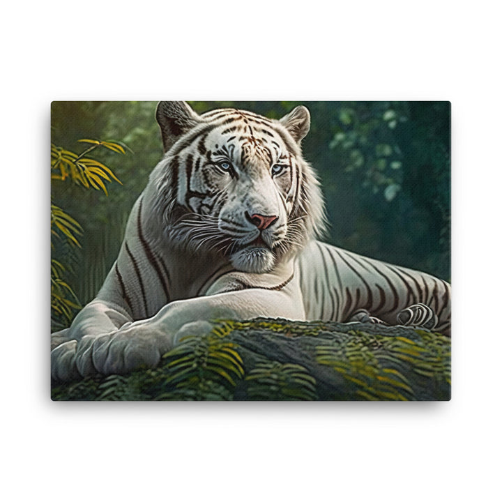 A majestic white tiger resting in a forest canvas - Posterfy.AI