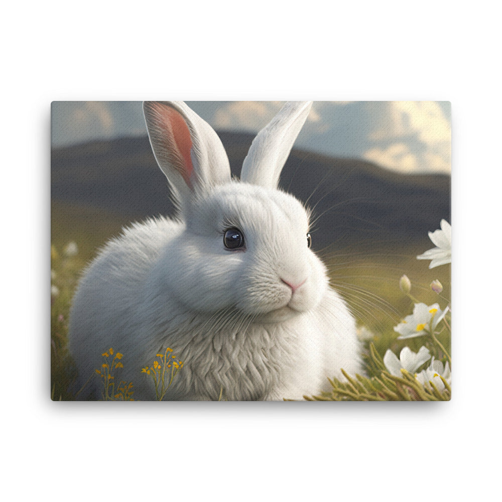 A fluffy white bunny in a field of flowers canvas - Posterfy.AI